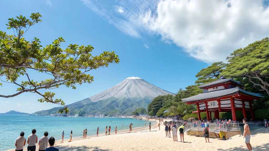 masterpiece, best quality, ultra-detailed, detailed scenery, beautiful detailed eyes, Angle from the front, (Landscape Photography:0.7), (The view from below:1.4),
Beach, (crowd of men:1.1), (Four Japanese men standing at a distance facing the viewer:1.6), wearing only swim trunks,
beach chairs, beach ball, Beach umbrellas a short distance away, (toy banana boat in the sea:1.1),