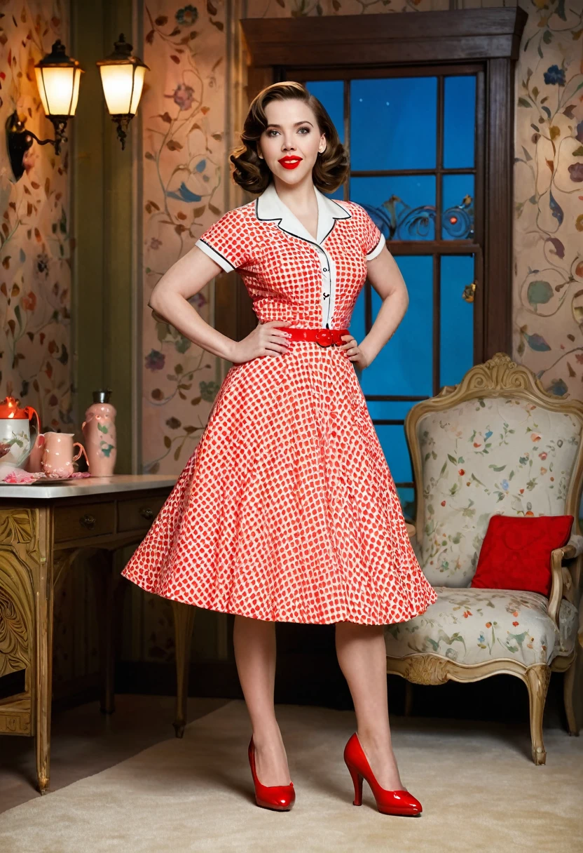 50s house wife. full length. featuring warm lighting and shadows. should be of the highest quality, a masterpiece with intricate details. Hands on hips. cute 50s house wife dress. Red high heels. She should have luscious lips, a wide smile, and bright, expressive eyes, exuding beauty, cuteness, and adorableness. Ensure the image is high resolution and sharply detailed, with a detailed and vibrant background. Scarlett Johanson, Alison Brie, Dove Cameron Incorporate mystical lighting in the background, creating a romantic and enchanting atmosphere.
