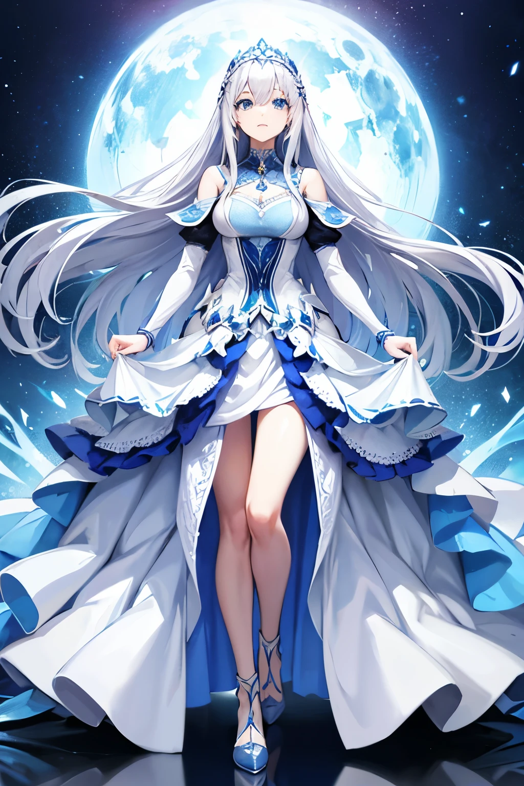 woman, long silver hair, blue eyes, regal white and blue dress, full body