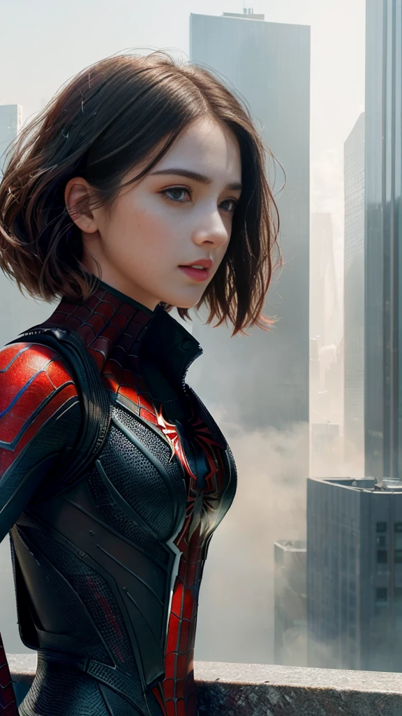 (1girl:1.3), Solo, (((Very detailed face)))), ((Very detailed eyes and face)))), Beautiful detail eyes, Body parts__, Official art, Unified 8k wallpaper, Super detailed, beautiful and beautiful, beautiful, masterpiece, best quality, original, masterpiece, super fine photo, best quality, super high resolution, realistic realism, sunlight, full body, amazing beauty, dynamic pose, delicate face, vibrant eyes, (from the front), She wears Spider-Man suit, red and black color scheme, spider, very detailed city roof background, rooftop, overlooking the city, detailed face, detailed complex busy background, messy, gorgeous, milky white, highly detailed skin, realistic skin details, visible pores, clear focus, volumetric fog, 8k uhd, DSLR, high quality, film grain, fair skin, photo realism, lomography, futuristic dystopian megalopolis, translucent