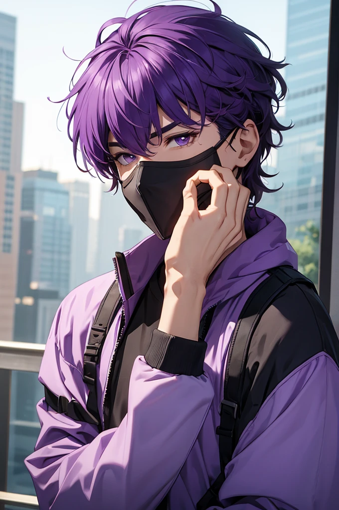 man with purple medium hair wearing a mask hiding his face