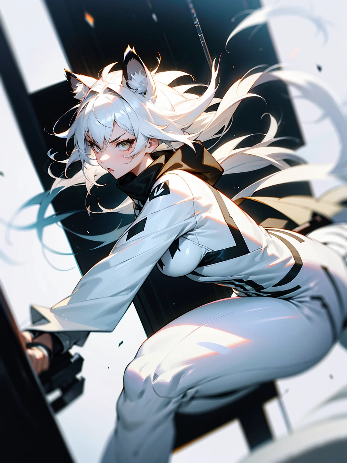 1female, white hair, messy hair, white tiger ears, white tiger tail, white body suit with tiger stripes, angry
