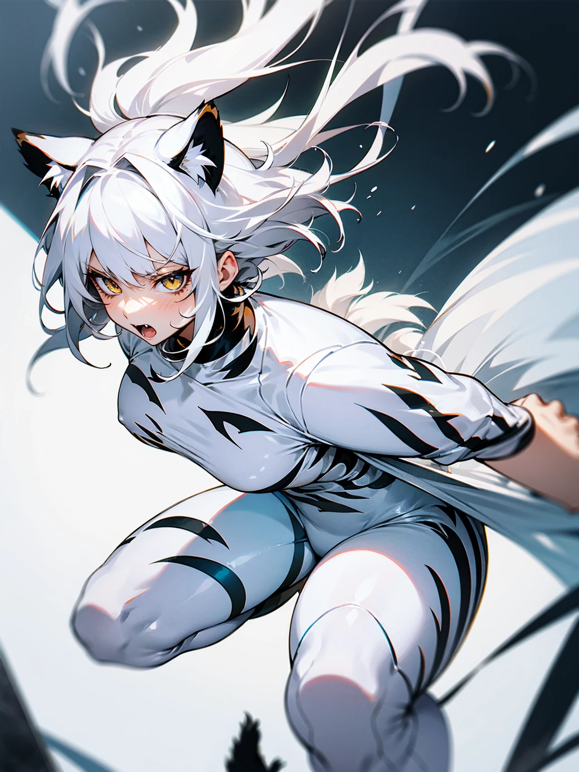 1female, white hair, messy hair, white tiger ears, white tiger tail, white body suit with tiger stripes, angry