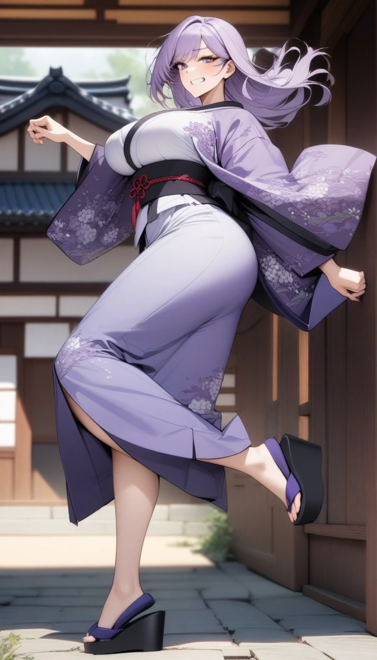 masterpiece, best quality, very aesthetic, absurdres, 1girl, mature_lady, full body, ,clenched teeth,Lavender hairfloating hair,Embroidered Kimono Jacket,Hanok (Korea) - Traditional Korean houses built with wooden frames and clay walls, designed to harmonize with nature.,blur background,background defocus