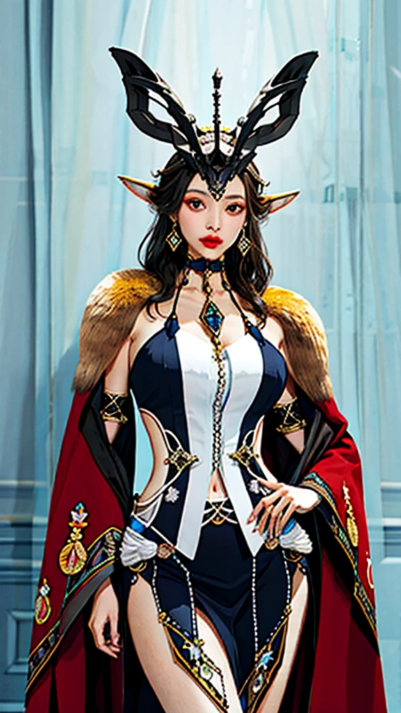 A female character is to be designed wearing a full-length gown inspired by Peruvian national dress and vicuñas.
The gown should be made of luxurious vicuña wool and feature intricate embroidery and embellishments that mimic Peruvian textiles.
The bodice should be golden and adorned with shimmering threads and beads, while the flowing skirt should resemble the vicuña's graceful movements.
Accessories should include a headpiece inspired by the vicuña's ears and jewelry with traditional Peruvian motifs.
Makeup should be subtle yet elegant, embodying the spirit of the vicuña and captivating all eyes.