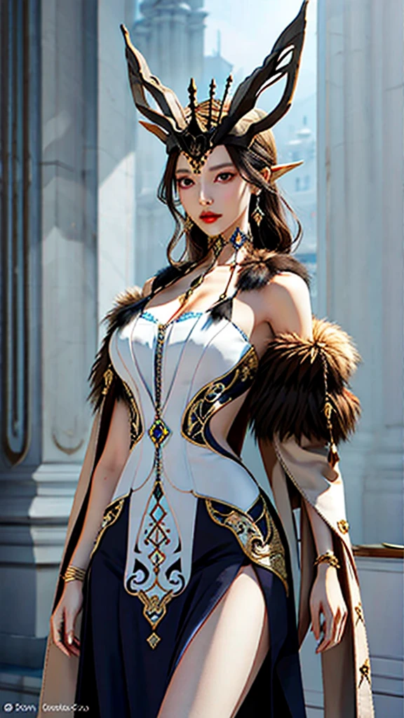 A female character is to be designed wearing a full-length gown inspired by Peruvian national dress and vicuñas.
The gown should be made of luxurious vicuña wool and feature intricate embroidery and embellishments that mimic Peruvian textiles.
The bodice should be golden and adorned with shimmering threads and beads, while the flowing skirt should resemble the vicuña's graceful movements.
Accessories should include a headpiece inspired by the vicuña's ears and jewelry with traditional Peruvian motifs.
Makeup should be subtle yet elegant, embodying the spirit of the vicuña and captivating all eyes.