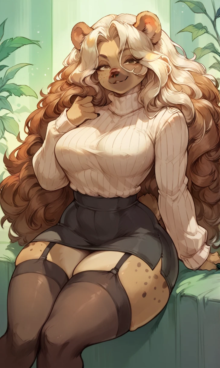 female anthro hyena,Brown long fluffy hair, fluffy hair, bear ears, bear, big breasts, attractive, turtleneck sweater, turtleneck, thicc body, thicc, freckles, freckles on face, neutral expression, smug eyes, skirt, black skirt, garter belt tights, she is sitting (thick thighs:1.5)
