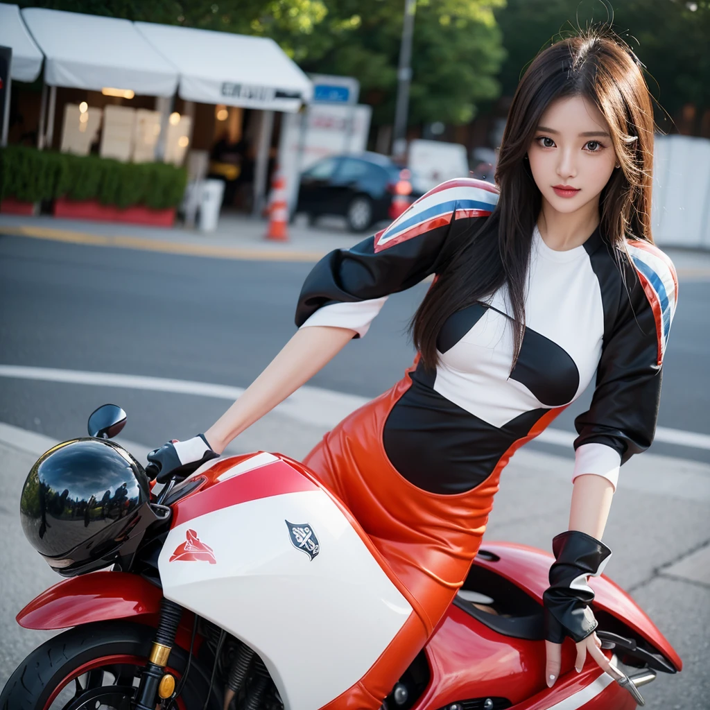 beautiful detail, best quality, 8k, highly detailed face and skin texture, high resolution, cute short hair asian girl in sexy gridgirl costume at race track with racing motor bike, full body, sharp focus