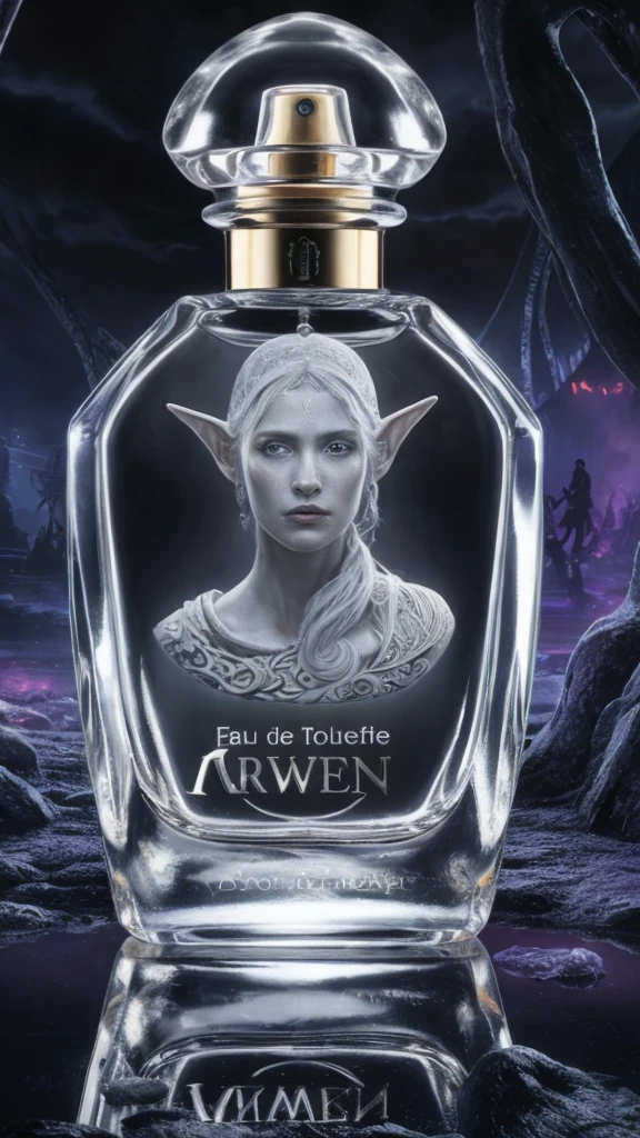 A captivating high-definition photograph of a luxurious perfume bottle, featuring a charming elf bust etched into the glass. The bottle design, labeled "'eau de toilette arwen" in silver lettering. It is both elegant and mysterious. The clear glass captures and reflects soft light, highlighting the intricate details of the elf. The background reveals a dark, dystopian fantasy landscape, with a druid's secret lair displaying a mix of black, blue and purple tones. The 3D rendering and cinematic atmosphere of the perfume bottle evoke the feeling of a dark fantasy movie poster, while the vibrant colors and illustrations create a fascinating and visually stunning masterpiece.