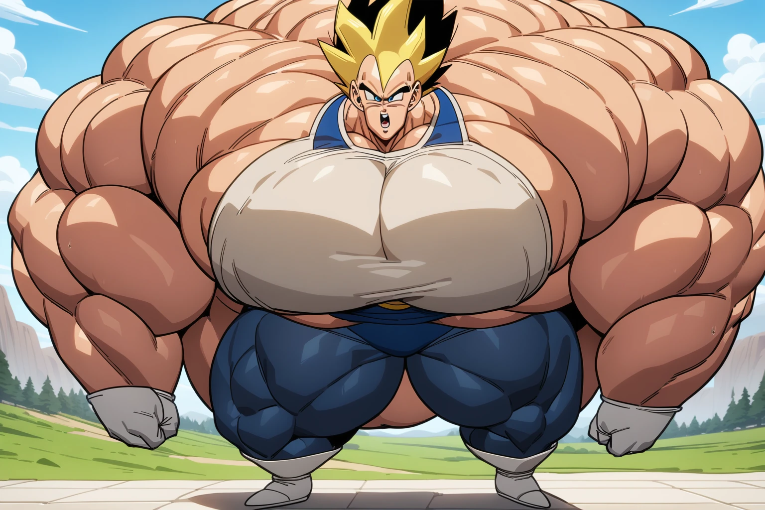 1boy, Vegeta, from Dragon Ball Z, masterpiece, best quality, very aesthetic, absurdres, saiyan, blue eyes, spiked hair, (yellow hair:1.5), standing up, good posture, shirtless, blue skintight pants, white gloves, (huge muscles:3), Dragon Ball Z artstyle, in the style of Akira Toriyama, white tiled floor, outdoor, flat-top mountains, Extreme Wide Shot, full pose, full body shot, (full body in frame:1), white boots with brown tips