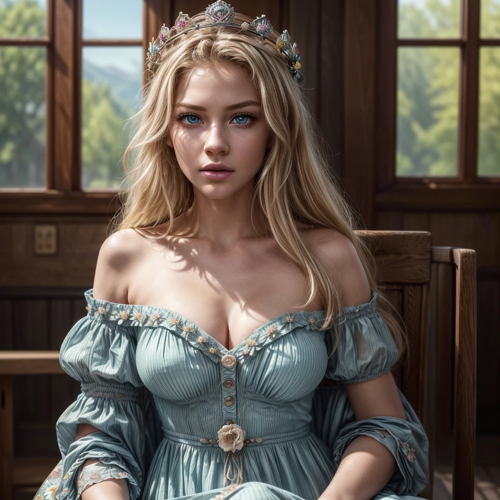 ultra realistic professional full body camera   ((( )))  (photo 1028k qhd) by (James C. Christensen:1.2|Jeremy Lipking:1.1), (Dittmann Anna:0.3), (jiner:0.3), (mise au point nette:1.3) lndswgnr,High detail, instagram top model,blonde hair, beautiful detailed baby blue eyes, k eyes,(eye (eye makeup: 1.2) sleeping Pose of the Instagram model, perfect button nose, attractive lip shape has an upper-to-lower lip ratio of 1:2, perfect ivory skin confiant, (((anatomycally perfect 25 old ladie hand,finger, nail))),fille en forme Fille maigre et sexy, breast:1.2, anatomie parfaite, Perfect symmetry:1.2, Realstic position, realistic and gorgeous face:1.2, perfect face, highly detailled, happy, confident, ighting cinematic, Lighting scene, soft lights, instagram standing pose (((baby blue eyes,, Fille maigre et sexy, breast:1.2 perfect charming face, attractive lip and nose, (best quality,4k,8k,highres,masterpiece:1.2),ultra-detailed,(realistic,photorealistic,photo-realistic:1.37),fountain house,beautiful a scenery,small town background,background art,beautiful anime scenery style,anime scenery concept art,scenery,village  scenery,landscape,castle scenery ,beautiful and peaceful scenery,inspired by Karl Spitzweg,tavern background,drawing in artist's studio, sitting in vilage wearing flower dress and crown