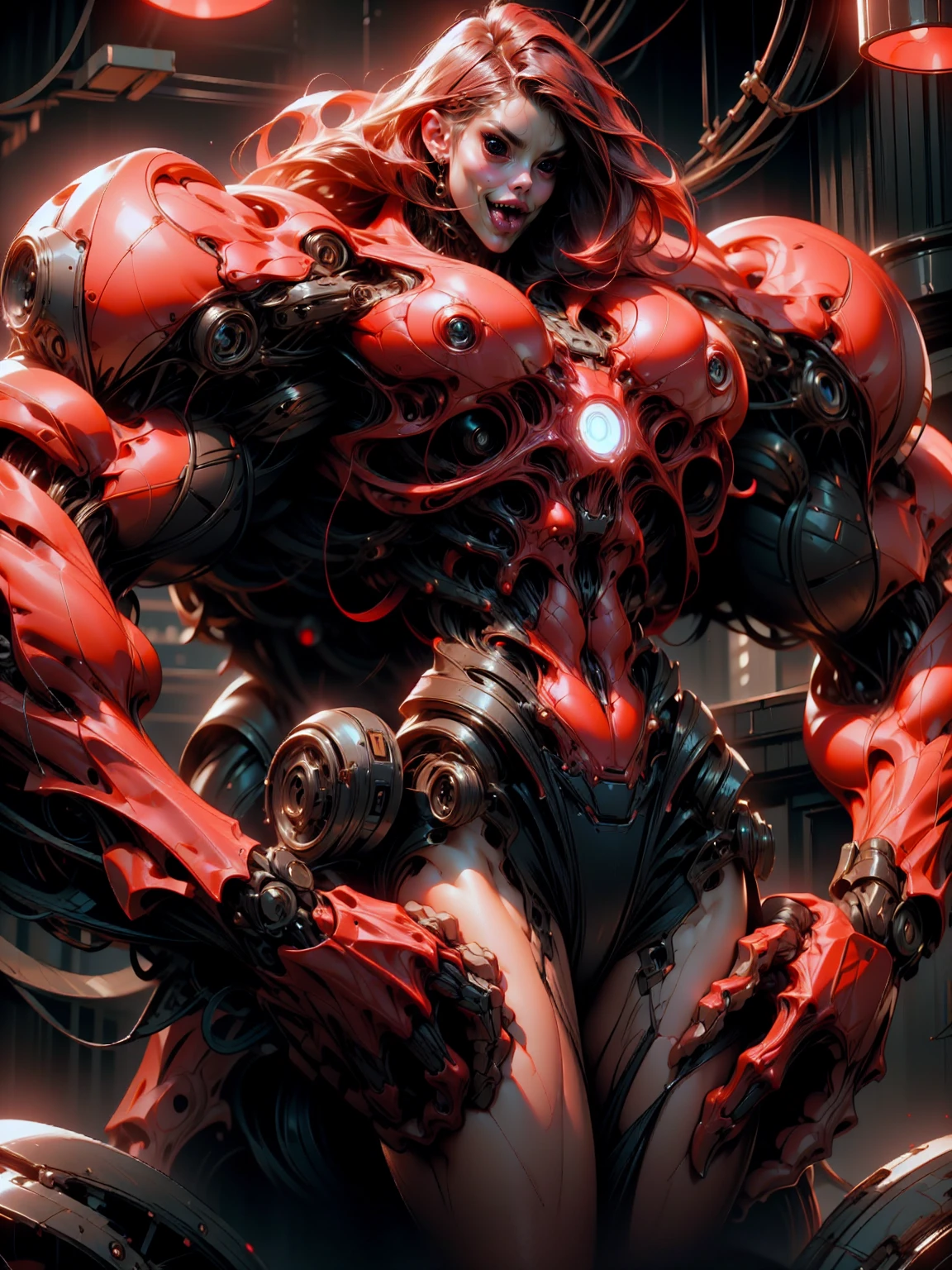 (beautiful girl:1.25), (megan fox:1.25), (young bodybuilder girl wearing cybernetic muscle suit:1.25), carnage muscular physique, seductive face, mouth wide open carnage style, long red hair, perfect muscular body, super skinny legs, sissy, femboy, (carnage style physique)