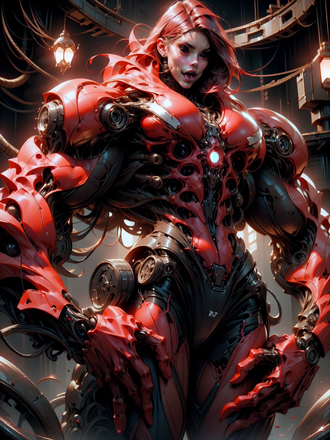 (beautiful girl:1.25), (megan fox:1.25), (young bodybuilder girl wearing cybernetic muscle suit:1.25), carnage muscular physique, seductive face, mouth wide open carnage style, long red hair, perfect muscular body, super skinny legs, ?????, femboy, (carnage style physique)