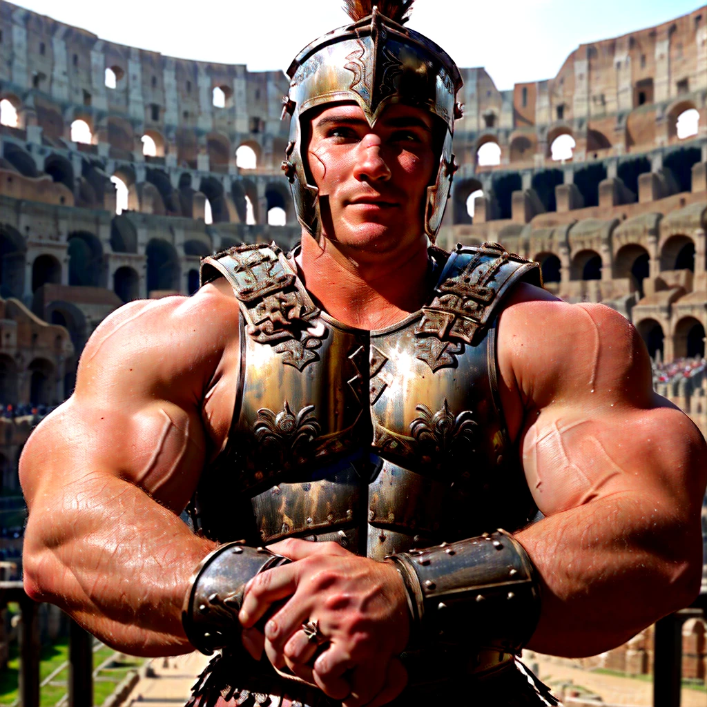 Close-up of a man in Roman gladiation costume, roman гладиатор, Dressed in Roman armor, At the Colosseum, attractive muscular man in armor, , in a гладиаторs arena landscape, Roman centurion