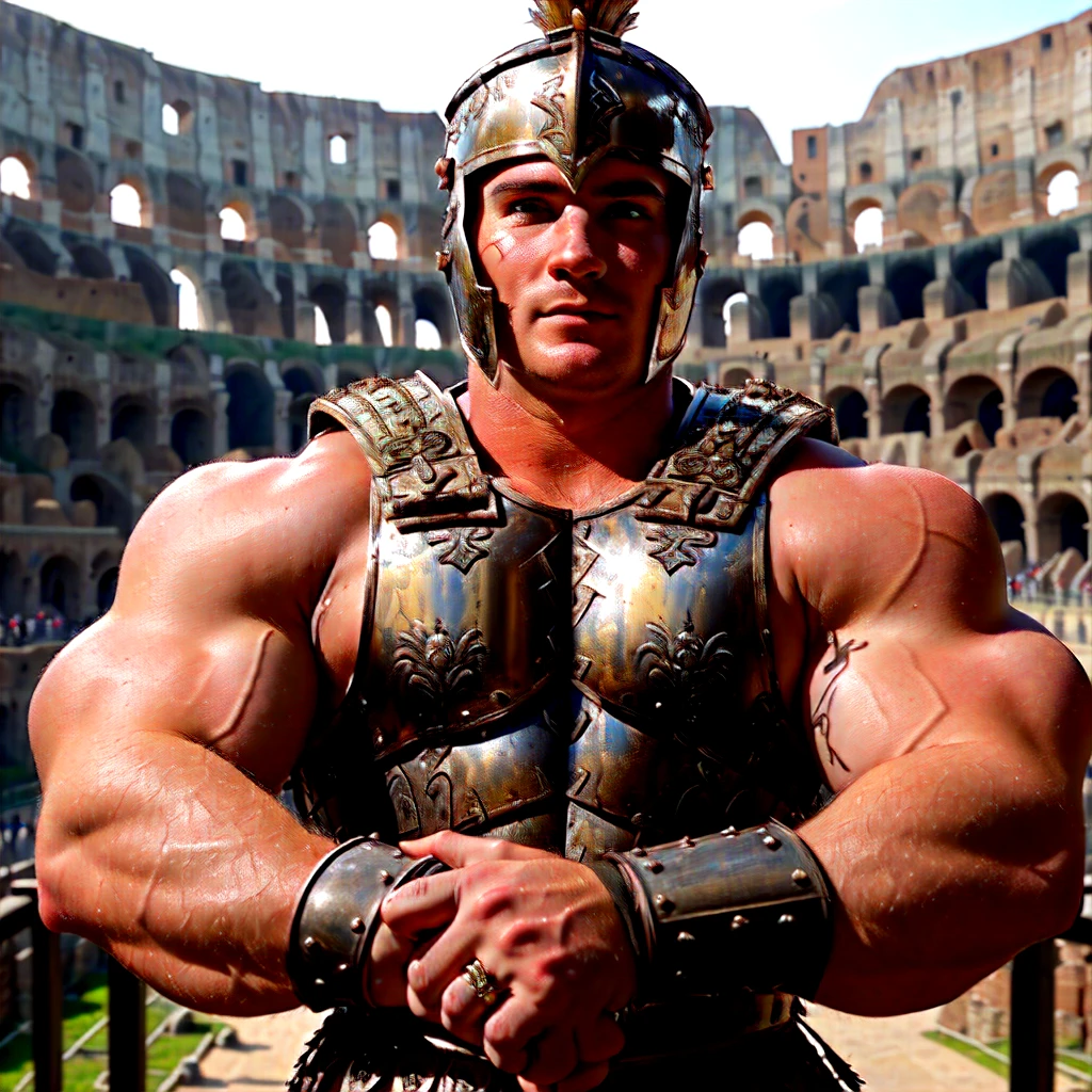 Close-up of a man in Roman gladiation costume, roman гладиатор, Dressed in Roman armor, At the Colosseum, attractive muscular man in armor, , in a гладиаторs arena landscape, Roman centurion