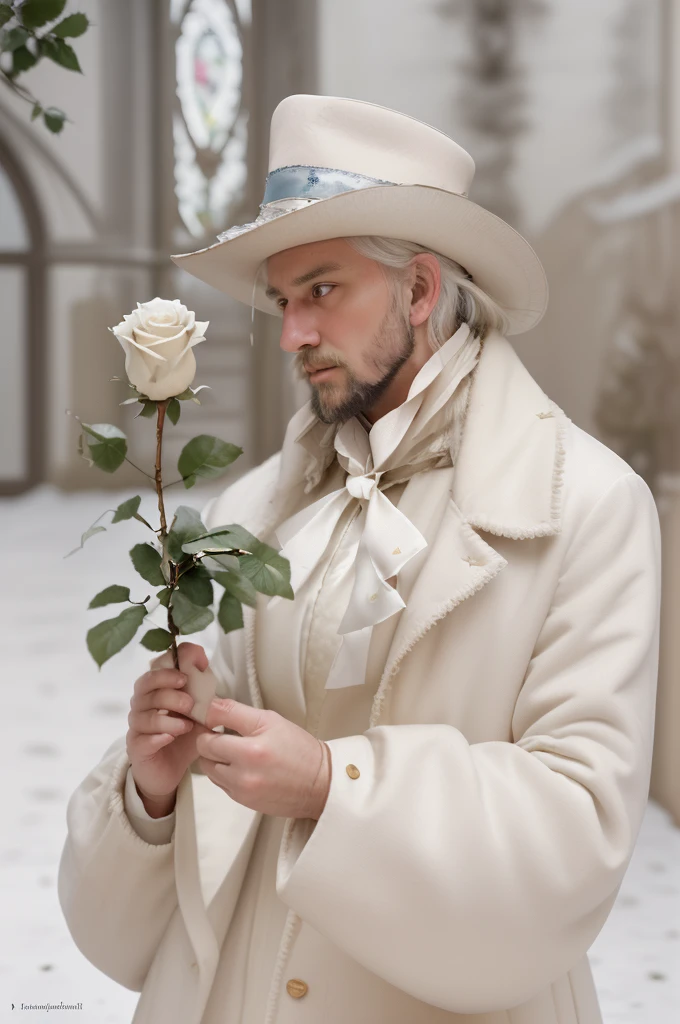there is a wise man in a hat and coat holding a white rose, beautiful detailed white hair, inspired by Ivan Kramskoi, romanticism portrait, inspired by Eugene von Guerard, inspired by Théodore Chasseriau, inspired by Francesco Hayez, melanchonic white rose soft light, holding a white rose, inspired by Édouard Manet, inspired by Jean Jouvenet