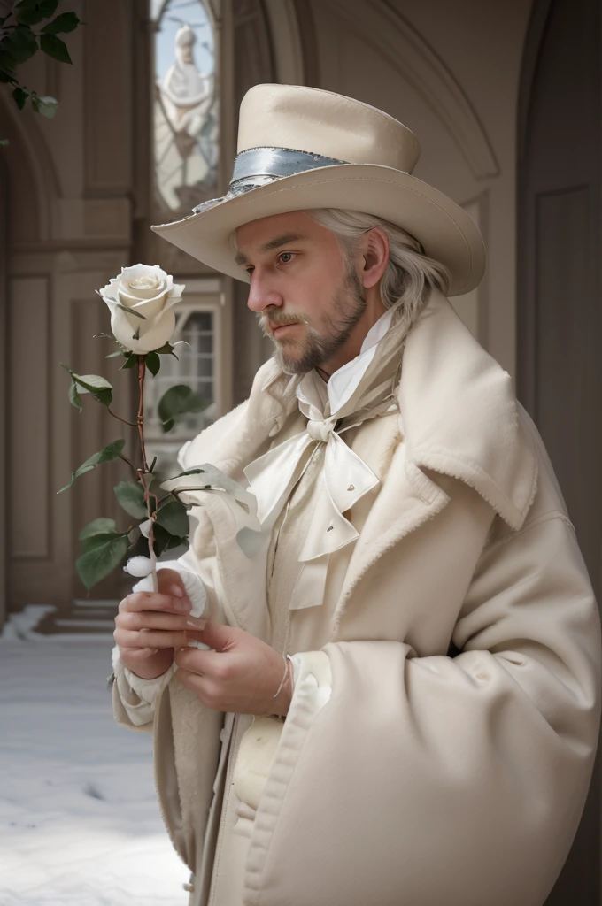 there is a wise man in a hat and coat holding a white rose, beautiful detailed white hair, inspired by Ivan Kramskoi, romanticism portrait, inspired by Eugene von Guerard, inspired by Théodore Chasseriau, inspired by Francesco Hayez, melanchonic white rose soft light, holding a white rose, inspired by Édouard Manet, inspired by Jean Jouvenet