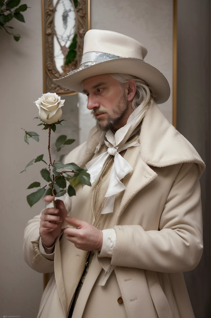 there is a wise man in a hat and coat holding a white rose, beautiful detailed white hair, inspired by Ivan Kramskoi, romanticism portrait, inspired by Eugene von Guerard, inspired by Théodore Chasseriau, inspired by Francesco Hayez, melanchonic white rose soft light, holding a white rose, inspired by Édouard Manet, inspired by Jean Jouvenet