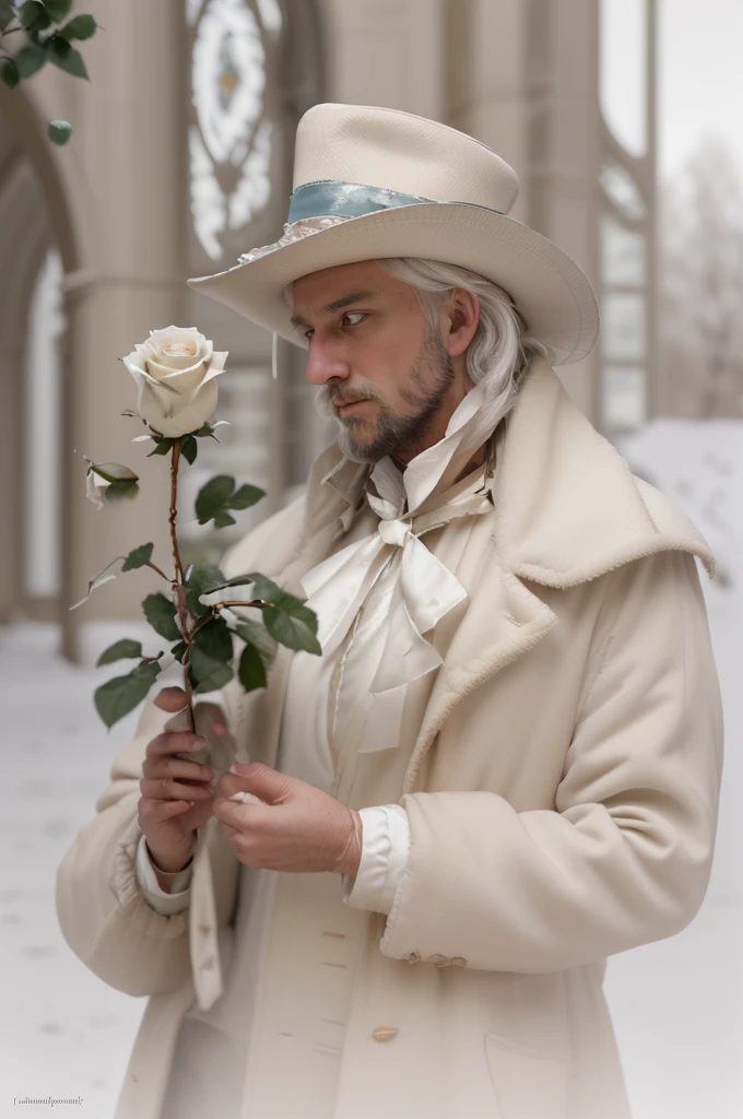 there is a wise man in a hat and coat holding a white rose, beautiful detailed white hair, inspired by Ivan Kramskoi, romanticism portrait, inspired by Eugene von Guerard, inspired by Théodore Chasseriau, inspired by Francesco Hayez, melanchonic white rose soft light, holding a white rose, inspired by Édouard Manet, inspired by Jean Jouvenet