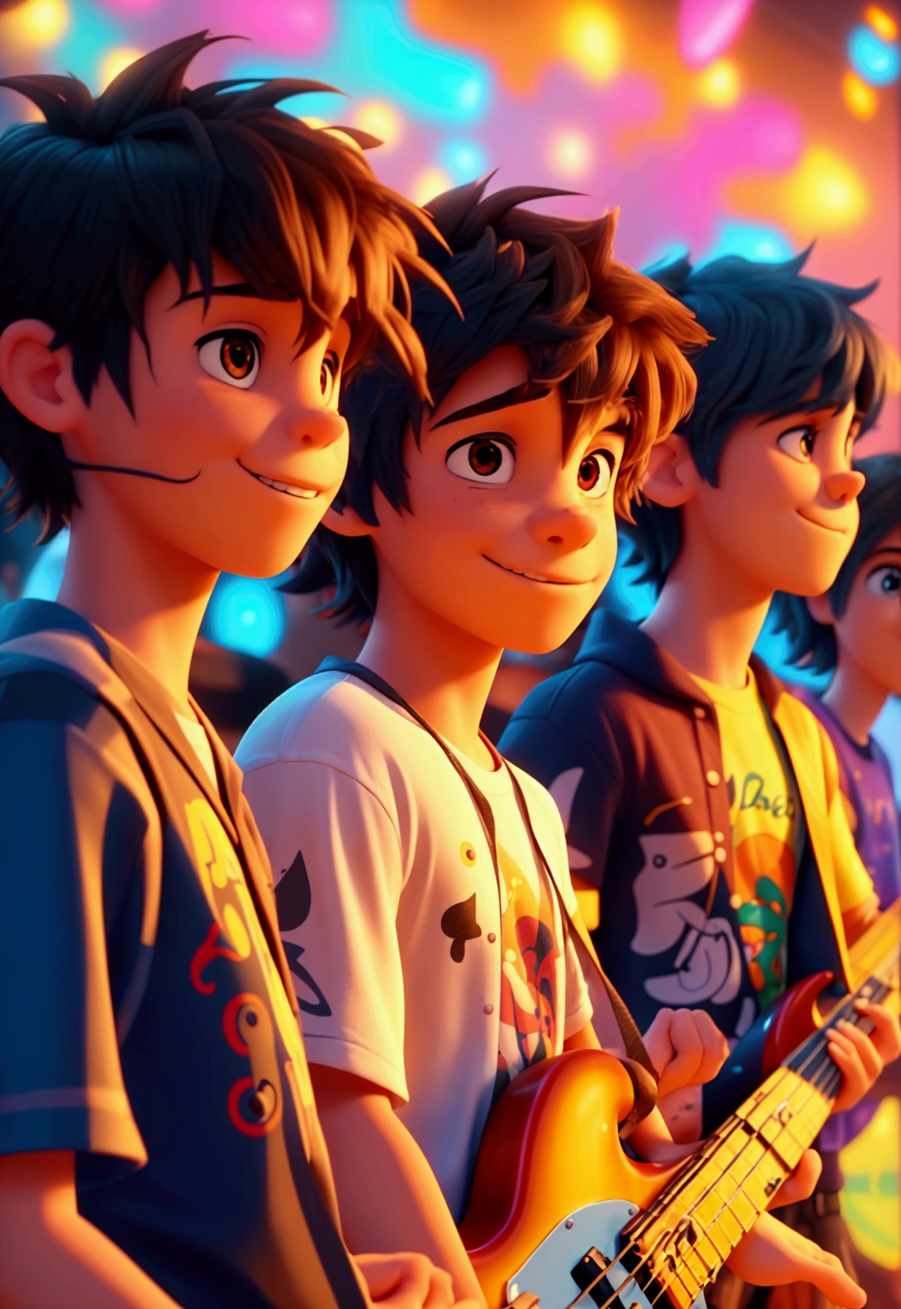 A young pop punk rock band with only 4 people, a boy vocalist and bass player tall with light brown hair and ocean-kissed skin, a boy vocalist and guitar player with messy brown hair and sun-kissed skin, a boy guitar player with white skin with short dark hair and a boy drummer with short black hair and short sleeve black shirt, they stand out in a vibrant rock show audience, illuminated by neon stage lights, surrounded by a crowd sporting band tees, in a Disney Pixar movie style, characterized by exaggerated features and dynamic lines, with a dash of whimsy and fantasy, set against a background of electric blues, fiery oranges, and deep purples, evoking a sense of energetic excitement and adolescent rebellion, complete with surfboard guitar props and oversized drum kits.