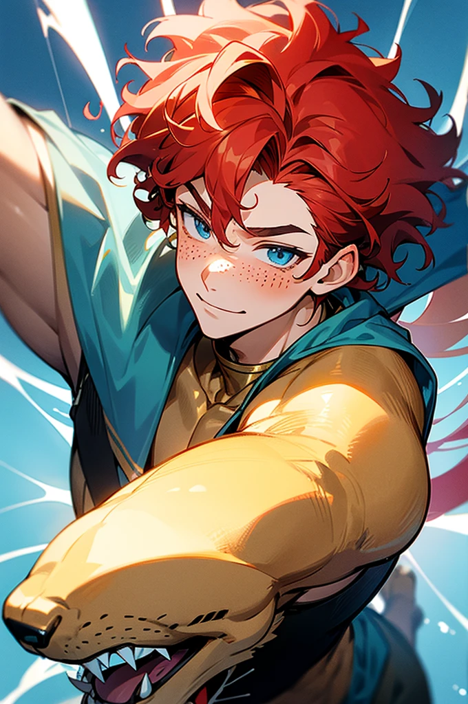 1 male, golden retriever personality type, tall, red spiky curly hair, ice blue eyes, freckles, normal amount of muscles, cute smile, blush