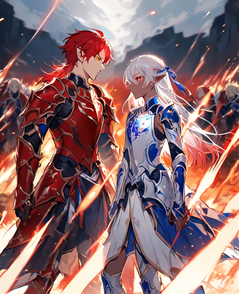 (Male,5'4,pierced pointy ears,light skin,red eyes, white long hair half up half down,Blue and white armour) and (Female,5'9,pointed ears,light skin,red hair,orange eyes,black and red armour) standing next to each other on a battlefield