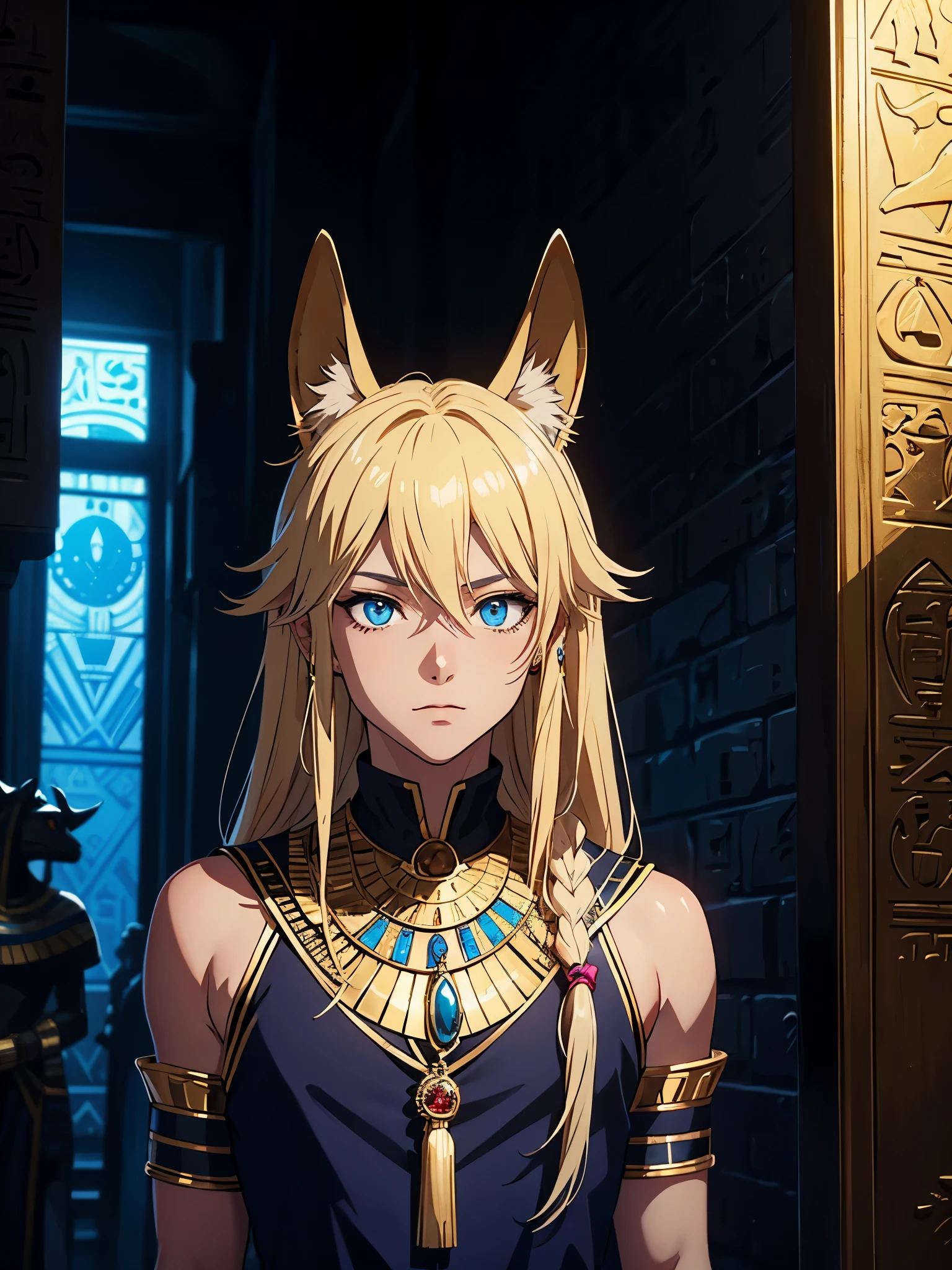 Blaue Augen. Mehr anime. Hübsch. Anubis. Anubisohren. Jackal ears with fur.  boy. Egyptian deity Anubis. Egyptian clothing. long blond hair. Lots of gold jewelry. dark skin. Egyptian. dazzling blue eyes. mystical. divine.