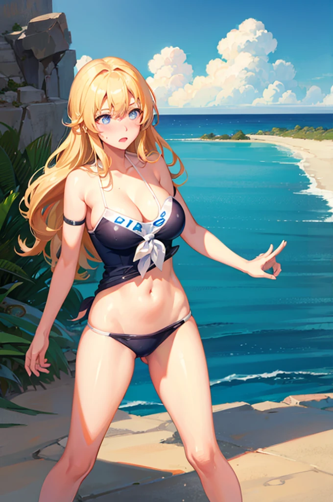 School Swimsuit,,Blushing、Big Breasts、Pale blue eyes、Blonde、Semi-long hair、、、Head to toe full body、Blushing、Embarrassed look、Composition from the front、A view from slightly below、school swimwear、Acme Face、Random pose、, 、nsfw、Highest quality、1 girl、solo、Ocean、Sandy Beach、Sexy pose、Random pose、Blushing、Wet、Embarrassed、I can see half of my 、、One piece swimsuit、(Strap slip:1.3)、School Swimsuit