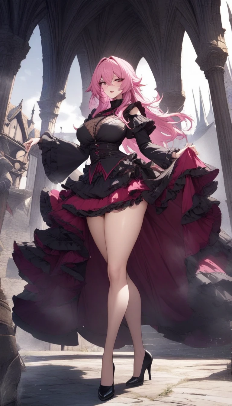 masterpiece, best quality, very aesthetic, absurdres, 1girl, mature_lady, full body, ,mole under eye,Hot pink hairhair between eyes / pointy hair / long bangs,Tiered Miniskirt: Consists of layered tiers or ruffles, providing dimension and movement to the skirt.,Gothic Revival - Inspired by medieval Gothic architecture, with pointed arches and spires.,floating_clothes