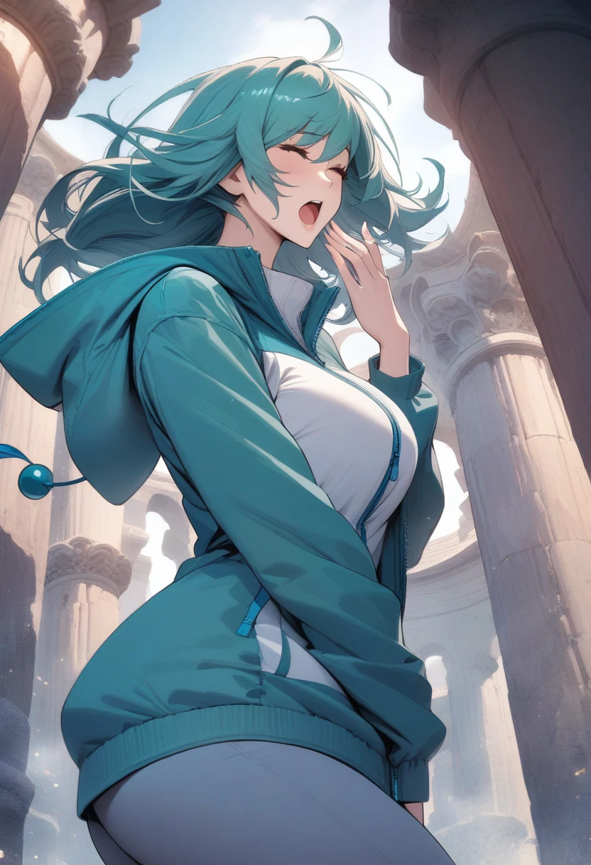 masterpiece, best quality, very aesthetic, absurdres, 1girl, mature_lady,,yawning,Turquoise hairhair bobbles,Anorak: Hooded jacket with a half-zip or full-zip front, designed for protection against wind and rain.,Romanesque - Features thick walls, rounded arches, and massive pillars.,floating_hair