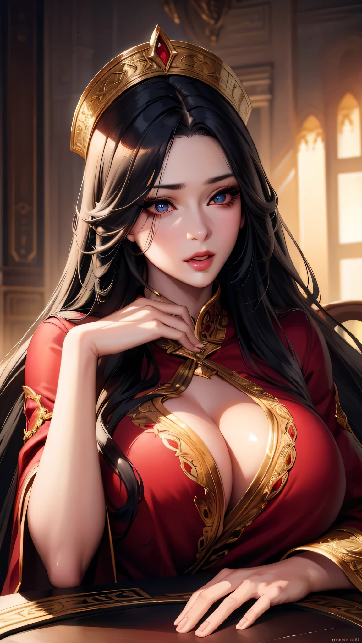 a detailed portrait of boa Hancock, beautiful detailed eyes, beautiful detailed lips, extremely detailed face and features, long eyelashes, black hair, big breast, cute expression, detailed clothing, intricate details, highly detailed, 8k, photorealistic, professional lighting, vibrant colors, studio lighting, dynamic composition, half body, red robe, setting on a chair