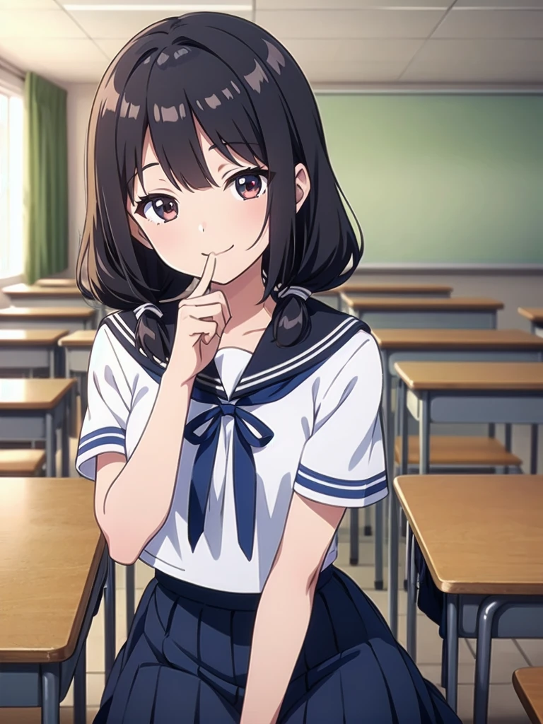 1girl, sitting, hands on mouth, (head tilt), smile, 15yo,
classroom, indoors, school chair, school desk, (low twintails girl), low pigtails, hair ribbon  white, very long black hair,
white serafuku with blue ribbon, navy-blue collar, navy-blue skirt,
(dark brown eye), afternoon, summer,
school,
(from front:1.4), upper body,
anime, high brightness, detailed face, detailed eyes,
(high quality, ultra detailed, masterpiece, FHD)