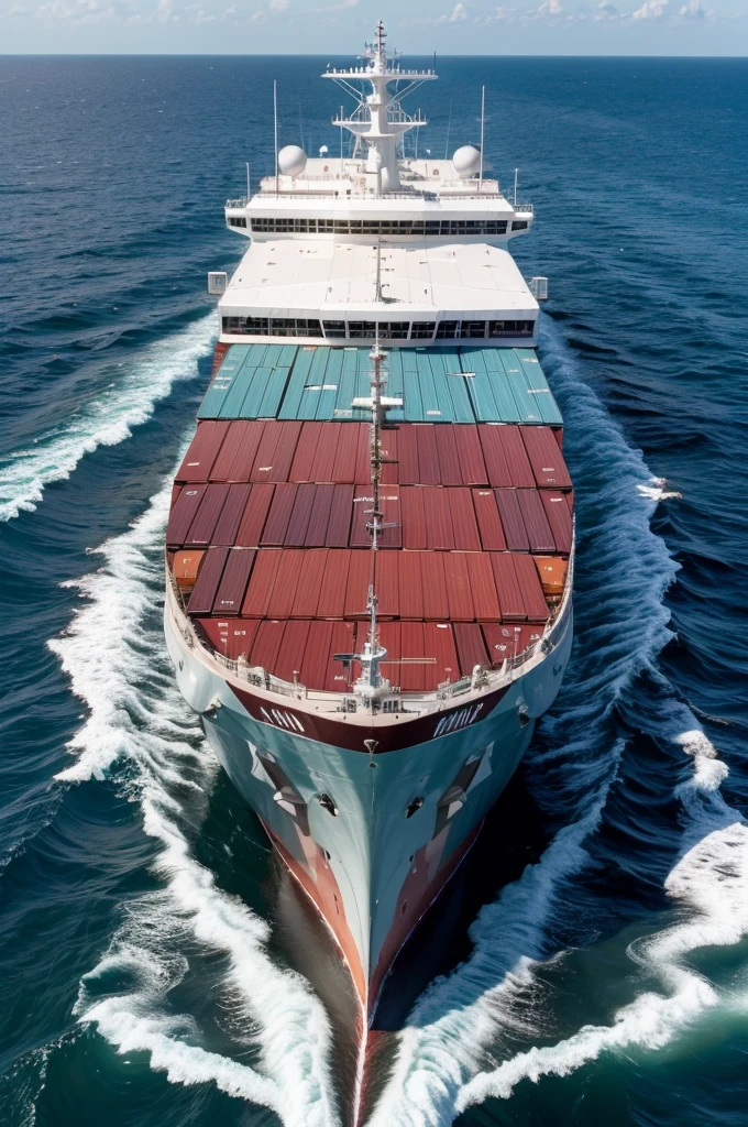 (high resolution) cargo ship with containers sailing on the high seas with the initials ABJ painted on the hull
