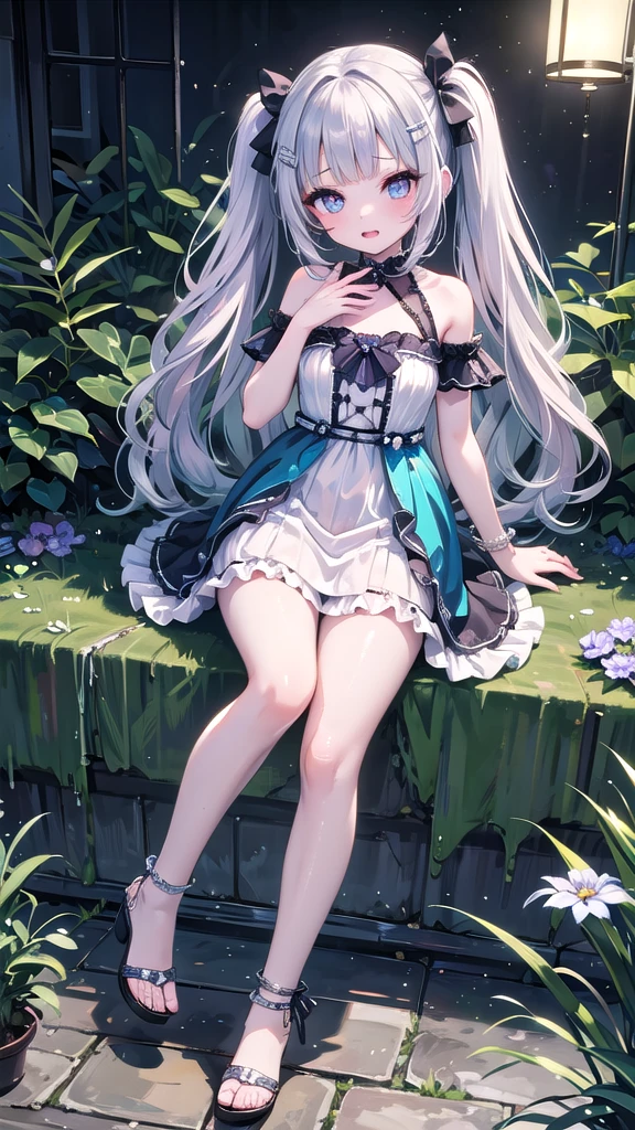(8K, best quality, master piece: 1.5),super high resolution, One girl, solo, full body, , ultra-detailed face, detailed eyes, rainbow colored iris, cyan eyes, twin tails, Silver gray hair, blunt bangs, hairclip, orgasm face, pale skin, Medium chest, Light purple princess dress, bare legs, anklet, garden,