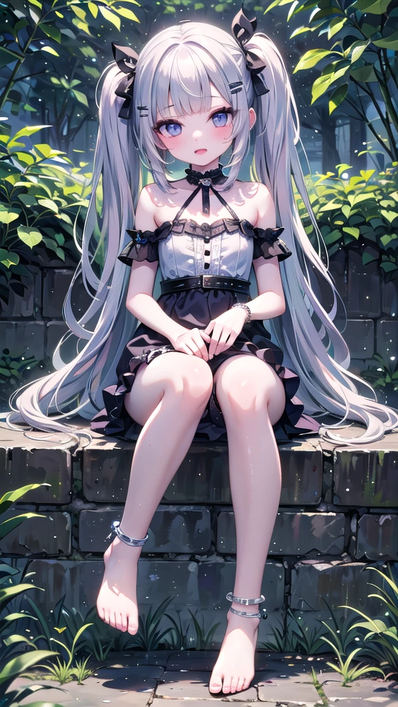 (8K, best quality, master piece: 1.5),super high resolution, One girl, solo, full body, junior high school student, ultra-detailed face, detailed eyes, rainbow colored iris, cyan eyes, twin tails, Silver gray hair, blunt bangs, hairclip, orgasm face, pale skin, Medium chest, Light purple princess dress, bare legs, anklet, garden,