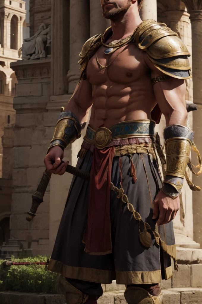 Close-up of a man in Roman gladiation costume, roman gladiator, одетый в roman armor, At the Colosseum, attractive muscular man in armor, Ryan Gosling as the Roman Statue, in a gladiators arena landscape, Roman centurion, Arnold 3D rendering, 