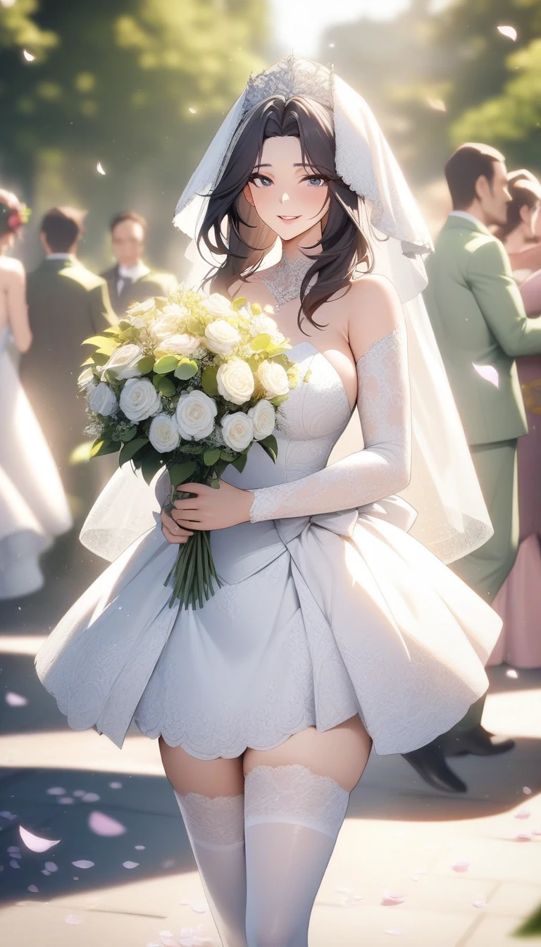 masterpiece, best quality, very aesthetic, absurdres, 1girl, mature_lady, wedding_dress,White lace miniskirt wedding dress, Holding flowers, White lace stockings, wedding hood, ,Akali(league_of_legends),surrounding by flowers,falling_petals, outdoors, petals,,,blur background,background defocus,