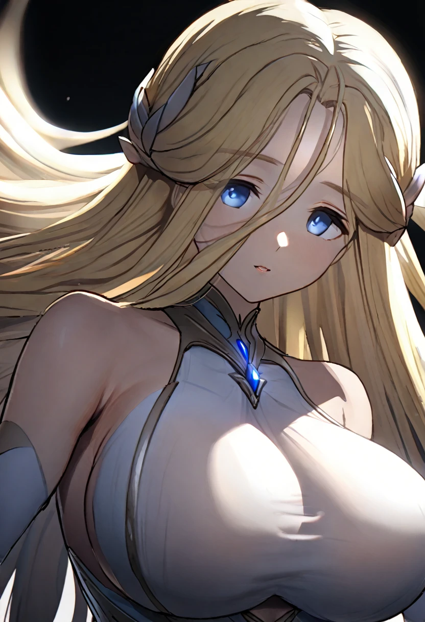 Blonde hair, blue eyes, Cerestia, big breasts, wearing white fabric, white background, front lighting