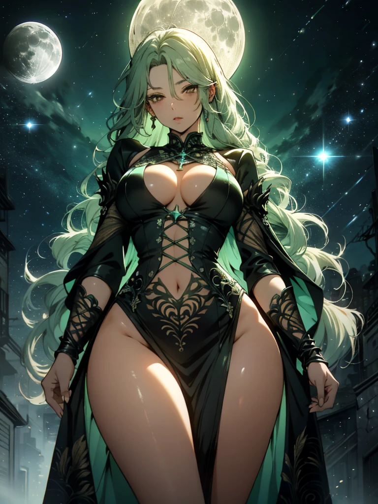 Beautiful anime goddess with long green hair, wearing a short dress, breasts, anime key look, moon, large breasts, intricate, hips, highly detailed, wide hips, breathtaking beauty, vibrant and sharp focus, illustration
