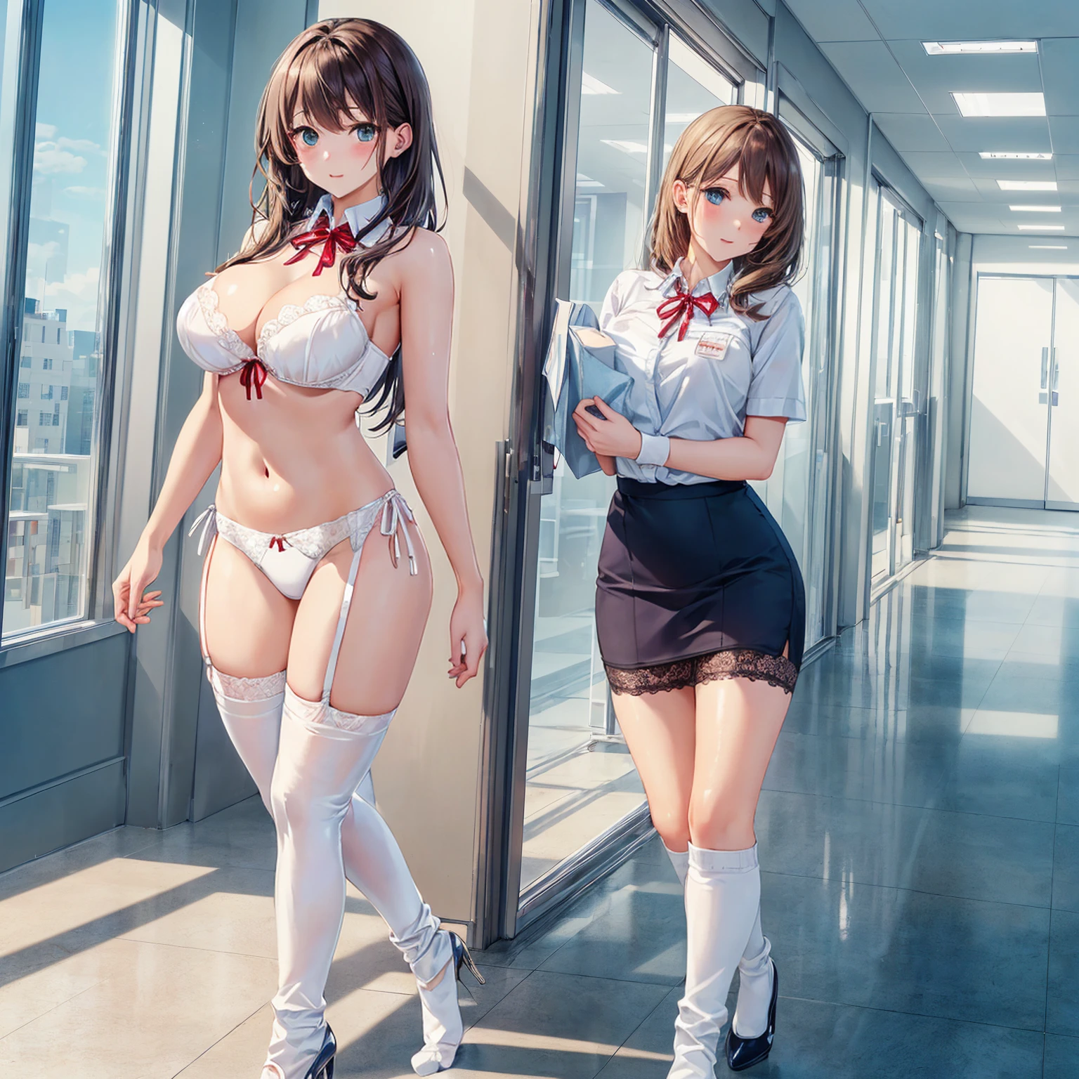 ((二人のIn underwearの女性はセクシーにOffice corridorを歩いている:1.4), Beautiful Anime Women, Beautiful art style, Anime characters, ((Smooth texture, Realistic texture, Anime CG Style)), ((Highest quality)), (Very detailed), (Very detailed CG 統合 8k 壁紙), Very detailed, High-resolution RAW color photos, Professional photography, Brown Hair, Stylish hairstyle, Great face and eyes, Beautiful and large breasts, Slender body, (Stunningly beautiful woman), (Detailed face:1.2),(Office corridor, Many business people walking down the corridor, There is a window in the hallway:1.3), ((Bow tie around neck, High heels:1.3), (Employee ID card worn around the neck:1.5), (Sexy and cute white underwear:1.3), (Stylish shiny white satin panties, Side-tie panties, Panties with plain white center and lace decoration on the sides:1.3), (Thin panties with red ribbon:1.3), (White micro lace satin bra, White bra with lace trim, Thin bra with red ribbon:1.3), (lace garter belt, Garter Strings, Knee socks:1.3):1.3), naked, In underwear, In underwearのオフィスレディ, Exact number of arms, Exact number of legs, Perfect Anatomy, (Embarrassed expression, Surprised expression), Angle from the front, Exact finger count、Exact number of legs、(Exact number of arms:1.0, Exact number of hands:1.0), (Perfect hands, Perfect Anatomy)