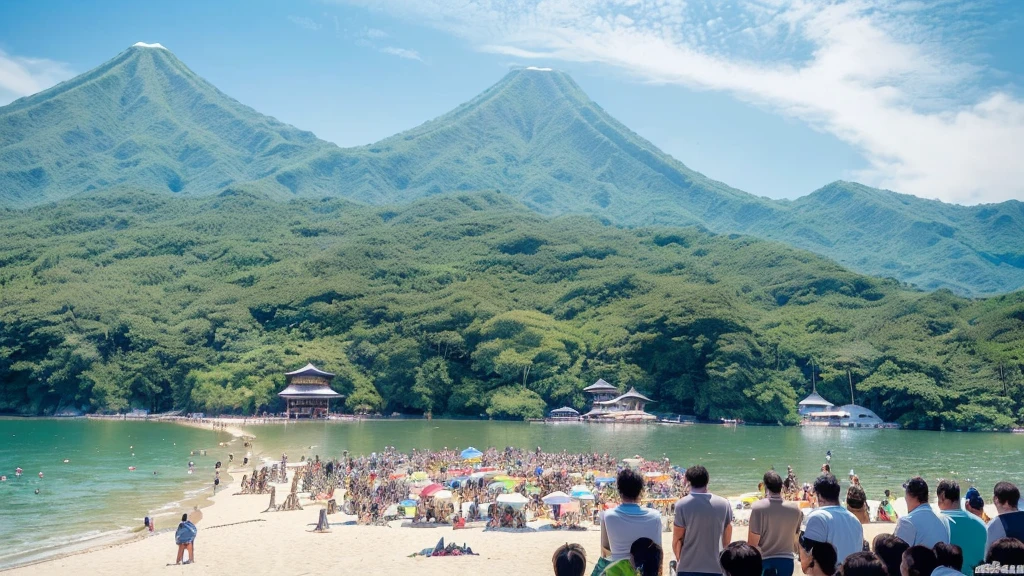 masterpiece, best quality, ultra-detailed, detailed scenery,  beautiful detailed eyes, Angle from the front, (Landscape Photography:0.7), (The view from below:1.4), 
Beach, (crowd of men:1.1), (Four Japanese men standing at a distance facing the viewer:1.6), wearing only swim trunks,

beach chairs, beach ball, Beach umbrellas a short distance away, (toy banana boat in the sea:1.1), 