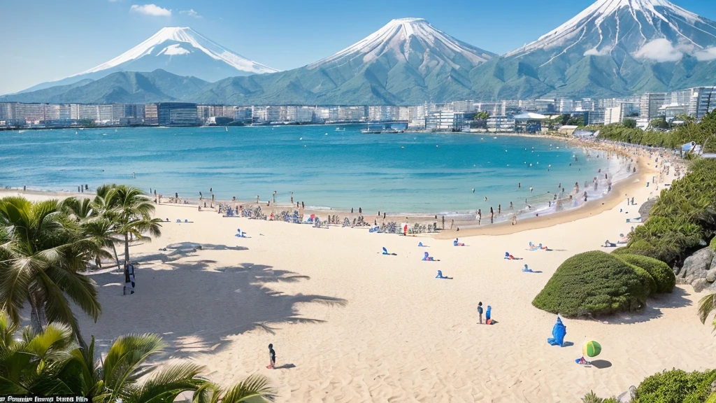 masterpiece, best quality, ultra-detailed, detailed scenery, beautiful detailed eyes, Angle from the front, (Landscape Photography:0.7), (The view from below:1.4),
Beach, (crowd of men:1.1), (Four Japanese men standing at a distance facing the viewer:1.6), wearing only swim trunks,
beach chairs, beach ball, Beach umbrellas a short distance away, (toy banana boat in the sea:1.1),