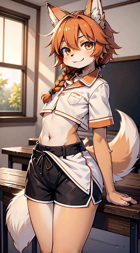 Japanese style high school shirt，cute男孩子，furry，furry，hairy，furry，hairy，furry，Body hair，Hair covers the whole body，Gentle smile，shota，Anthropomorphic Fox，Fox Girl，小braid，braid，cute，Orange hair，Orange hair all over body，全身Orange hair，Japanese school uniform shirt，shorts，shorts，Big butt，Petite figure，Thin waist，Slim figure，Classroom Background，Indoor background，Campus style，individual，individual，individual，Q version style，American anime style，femboy，femboy，Oval face