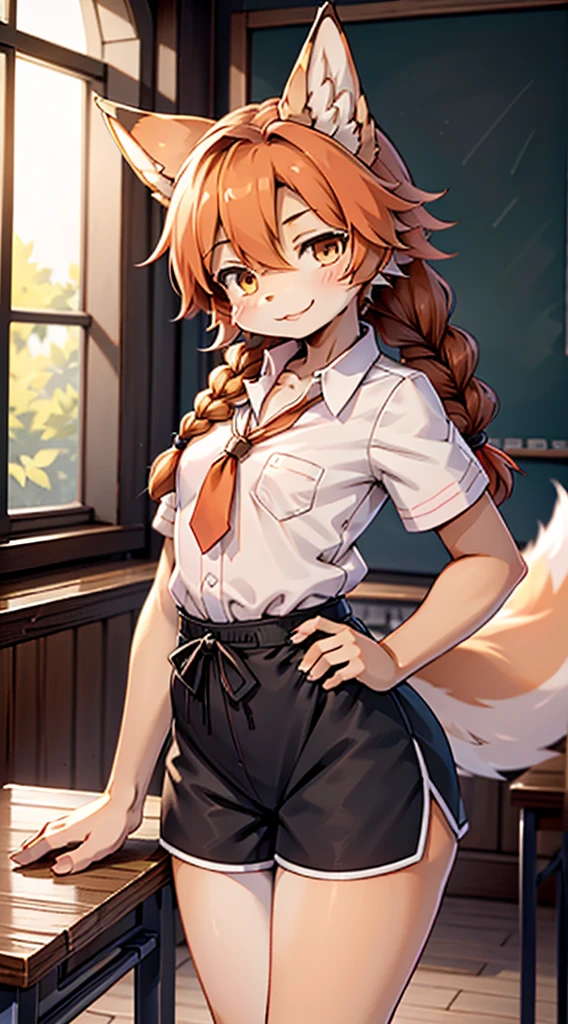 Japanese style high school shirt，cute男孩子，furry，furry，hairy，furry，hairy，furry，Body hair，Hair covers the whole body，Gentle smile，shota，Anthropomorphic Fox，Fox Girl，小braid，braid，cute，Orange hair，Orange hair all over body，全身Orange hair，Japanese school uniform shirt，shorts，shorts，Big butt，Petite figure，Thin waist，Slim figure，Classroom Background，Indoor background，Campus style，individual，individual，individual，Q version style，American anime style，femboy，femboy，Oval face