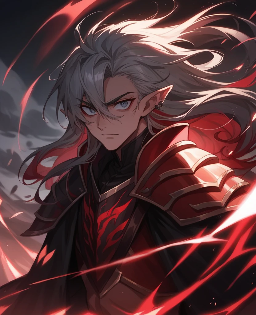 Male,5'4,pierced pointy ears,light skin,red and blue (hetrocromia) eyes, white long hair with red highlights half up half down,red and white armour ,dark magic,on a battlefield with darkness in his eyes as a dark magic aura surrounds him