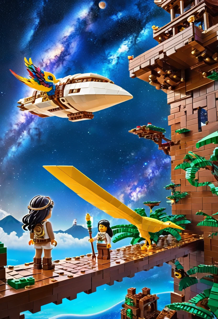 Skyship going to another galaxy and a girl in skyship sees Milky Way. Skyship looks like a tropical animal( bird). Girl stands near to the first captain, who is helping her with building of a chinese wall which is from legos made. Position of the skyship is right