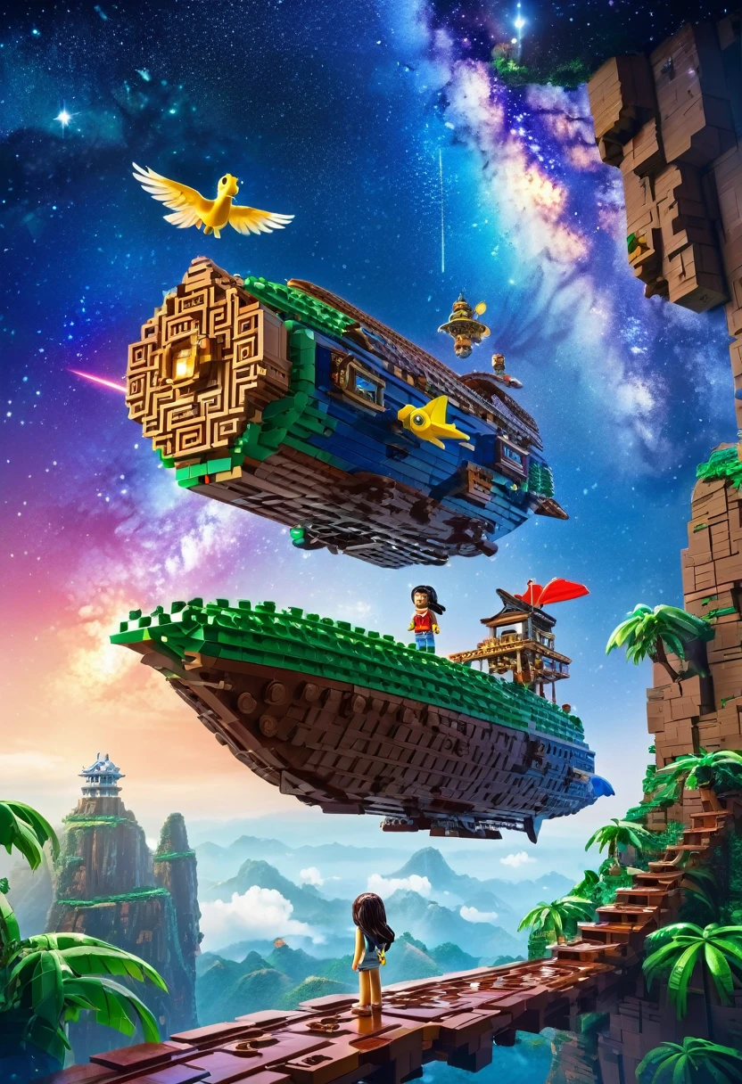Skyship going to another galaxy and a girl in skyship sees Milky Way. Skyship looks like a tropical animal( bird). Girl stands near to the first captain, who is helping her with building of a chinese wall which is from legos made. Position of the skyship is right