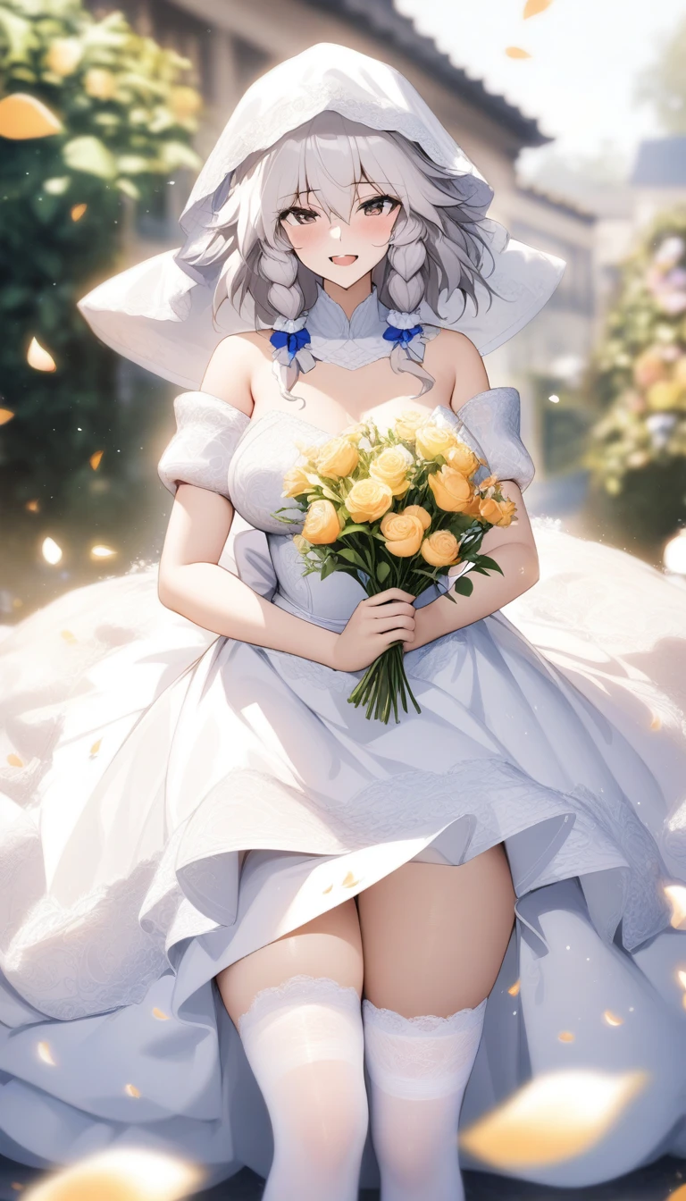 masterpiece, best quality, very aesthetic, absurdres, 1girl, mature_lady, wedding_dress,White lace miniskirt wedding dress, Holding flowers, White lace stockings, wedding hood, ,izayoi sakuya, touhou,,surrounding by flowers,falling_petals, outdoors, petals,,,blur background,background defocus,