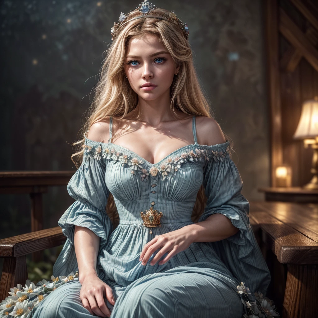 ultra realistic professional full body camera ((( ))) (photo 1028k qhd) by (James C. Christensen:1.2|Jeremy Lipking:1.1), (Dittmann Anna:0.3), (jiner:0.3), (mise au point nette:1.3) lndswgnr,High detail, instagram top model,blonde hair, beautiful detailed baby blue eyes, k eyes,(eye (eye makeup: 1.2) sleeping Pose of the Instagram model, perfect button nose, attractive lip shape has an upper-to-lower lip ratio of 1:2, perfect ivory skin confiant, (((anatomycally perfect 25 old ladie hand,finger, nail))),fille en forme Fille maigre et sexy, breast:1.2, anatomie parfaite, Perfect symmetry:1.2, Realstic position, realistic and gorgeous face:1.2, perfect face, highly detailled, happy, confident, ighting cinematic, Lighting scene, soft lights, instagram standing pose (((baby blue eyes,, Fille maigre et sexy, breast:1.2 perfect charming face, attractive lip and nose, (best quality,4k,8k,highres,masterpiece:1.2),ultra-detailed,(realistic,photorealistic,photo-realistic:1.37),fountain house,beautiful a scenery,small town background,background art,beautiful anime scenery style,anime scenery concept art,scenery,village scenery,landscape,castle scenery ,beautiful and peaceful scenery,inspired by Karl Spitzweg,tavern background,drawing in artist's studio, sitting in vilage wearing flower dress and crown under stary sky fantasy worl firedragon lighten the scene