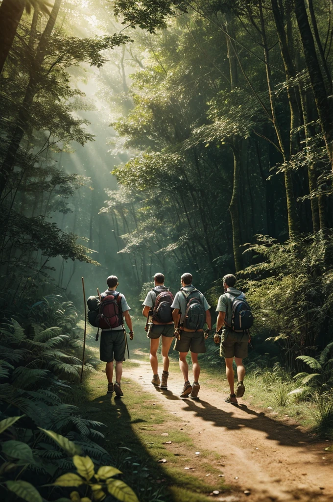Setting Out for the Treasure Hunt**:
- A 3D illustration of the four friends starting their adventurous journey into the forest, each holding a part of the map. They are equipped with simple tools like sticks and bags, walking through a dense forest path.